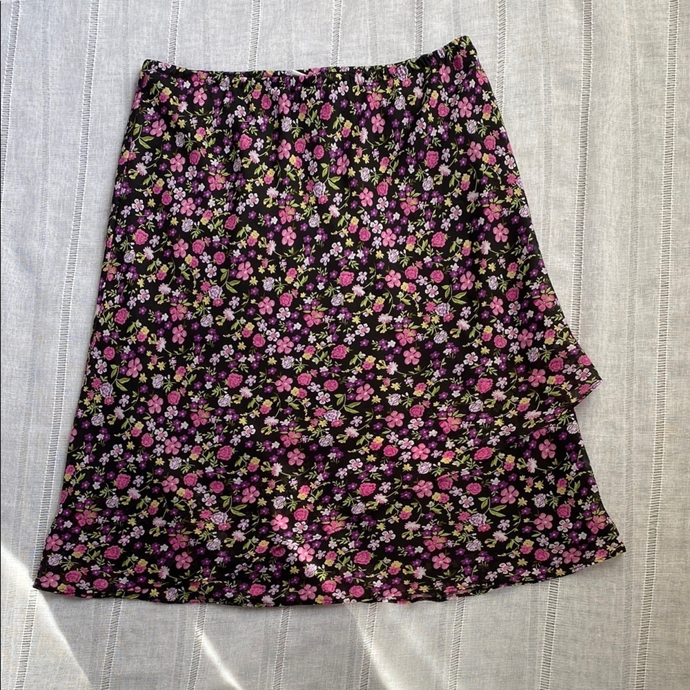 Karin Stevens 90s Floral Slip Skirt with Ruffled Detail.